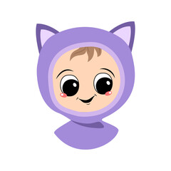 Avatar of a child with big eyes and a wide smile in a cat hat. A cute kid with a joyful face in an autumnal or winter headdress. Head of adorable baby with happy emotions