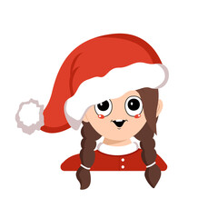 Avatar of a girl with big eyes and a wide happy smile in a red Santa hat. Cute kid with a joyful face in a festive costume for New Year and Christmas. Head of adorable child with joyful emotions