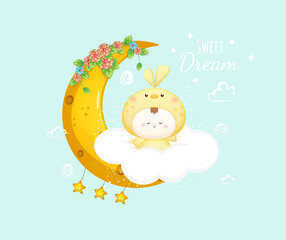 Cute baby in bird costume on the cloud with text Premium Vector
