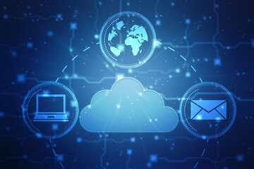 2d illustration of Cloud computing, Digital Cloud computing Concept background. Cyber technology, internet data storage, database and data server concept