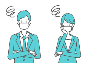 困っているマスクを着けたスーツの男女