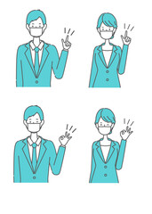 指を指す、OKサインをする　マスクを着けたスーツの男女