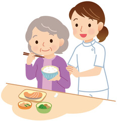 食事をする高齢者　食事介助　看護師