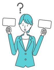 選択肢に迷う看板を持っている、スーツを着た女性