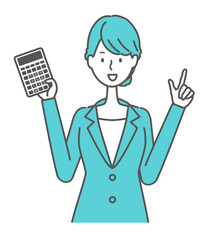 電卓を持つ青いスーツの女性イラスト