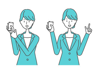 スマホを持つスーツを着た女性