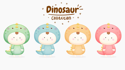 Set of cute baby in dinosaur costume with different color Premium Vector