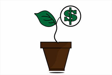 A pot with money flower with dollar. Money tree with dollar symbol isolated on white background.