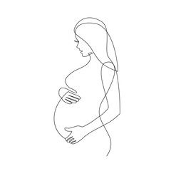 Pregnant Woman Continuous Line Drawing. Single Line Drawing of Woman Pregnancy. Happy Mother Day Minimalist Abstract Illustration for Card, Banner,  Poster, Logo Design. Vector EPS 10.	