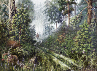 For mushrooms. Summer landscape with a man walking into the morning fog along a forest path. Oil painting on canvas. Handmade.