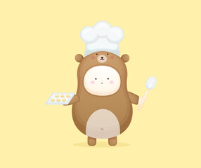 Cute baby chef in bear costume. Mascot cartoon illustration Premium Vector