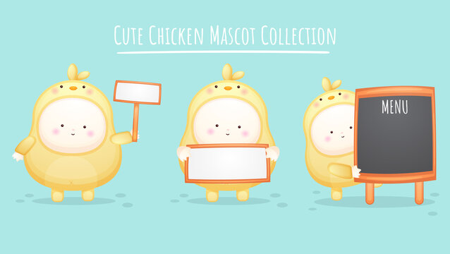 Set of cute baby in chicks costume. Mascot cartoon illustration Premium Vector