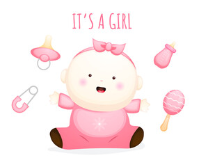 Cute baby girl cartoon character. Baby element illustration Premium Vector