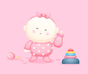 Cute baby girl holding a pacifier cartoon character. Baby concept illustration Premium Vector