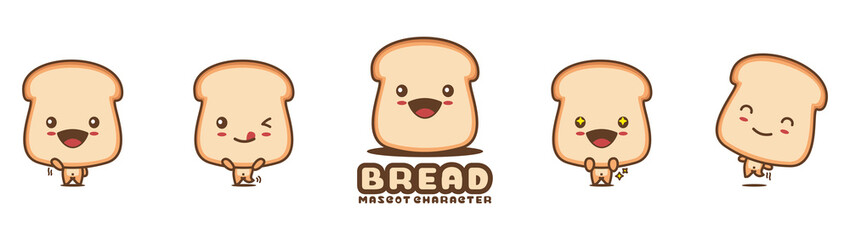 cute bread mascot, food cartoon illustration, with different facial expressions and poses