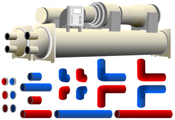 3D Coloured Chiller for BMS design with connecting supply and return pipe.