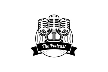 Podcast or singer vocal karaoke logo with retro microphone and vinyl icon