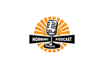 Podcast logo template. Mic microphone and sunrise illustration. Design element for karaoke, podcast, singer logo.