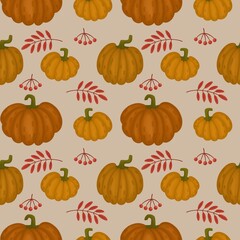 seamless pattern of orange pumpkins and red autumn leaves on a light background