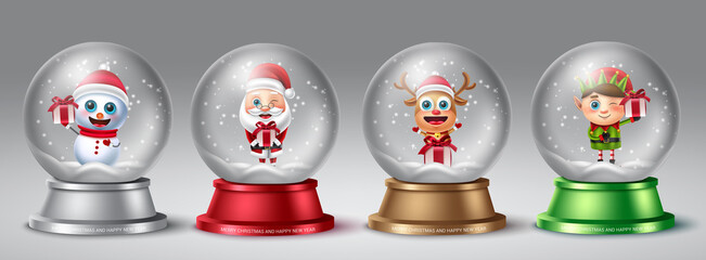 Christmas snow globe vector set. Christmas characters like snowman, santa claus, reindeer and elf in crystal ball element for xmas holiday decoration design. Vector illustration.
