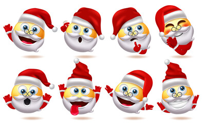 Santa claus emoji character vector set. Santa claus smiley characters in cute facial expression like thinking, waving and surprise for xmas 3d avatar element collection design. Vector illustration.
