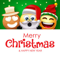 Christmas emoji character vector template. Merry christmas text in space with santa claus, ginger bread, and elf smiley for xmas greeting card design. Vector illustration.
