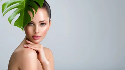 Foto op Plexiglas Beautiful woman with green leave near face and body.  Closeup girl's face with green leave. Skin care beauty treatments concept. © Valua Vitaly