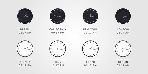 Set of day and night clock for time zones different cities. Vector Illustration
