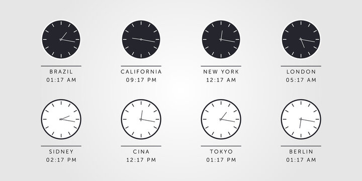 Set of day and night clock for time zones different cities. Vector Illustration