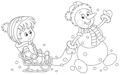 Funny snowman friendly smiling, waving its hand in greeting and sledding a happy little boy on a snowy winter day, black and white outline vector cartoon illustration for a coloring book page