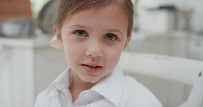 portrait beautiful little girl smiling looking happy child enjoying childhood testimonial concept 4k footage