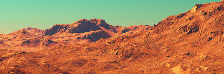 Mars landscape panorama, 3d render of imaginary mars planet terrain, orange desert with mountains, realistic science fiction illustration.
