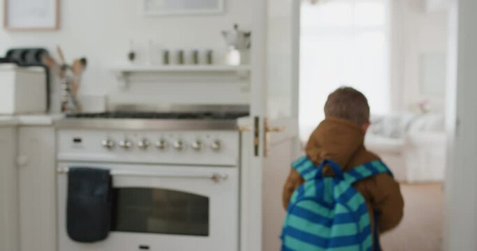 father getting son ready for school dad kissing little boy on head waving goodbye 4k