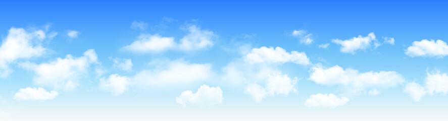 Sunny day background panorama, blue sky with white cumulus clouds, natural summer or spring background with perfect hot day weather, vector illustration.