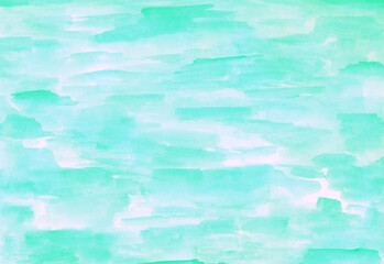 Blue turquoise white light color hand drawn watercolor. Abstract background. Paint brush, stripes, spines paper texture. For card design, wallpaper, decor.
