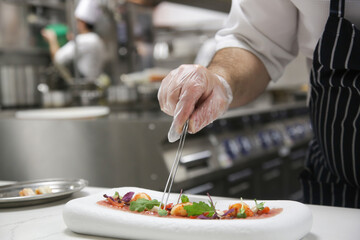 
Chef in restaurant garnishing fish carpaccio. Chef preparing dish in kitchen. Decorating dish, close up.