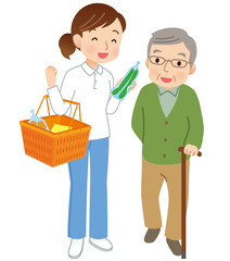 買い物同行するヘルパー　高齢者　介護