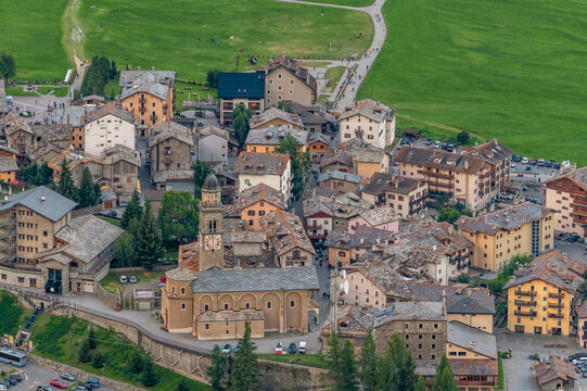 Aerial view of the historic center of Cogne, Aosta Valley, Italy