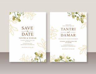 Wedding invitation template with watercolor foliage and gold line