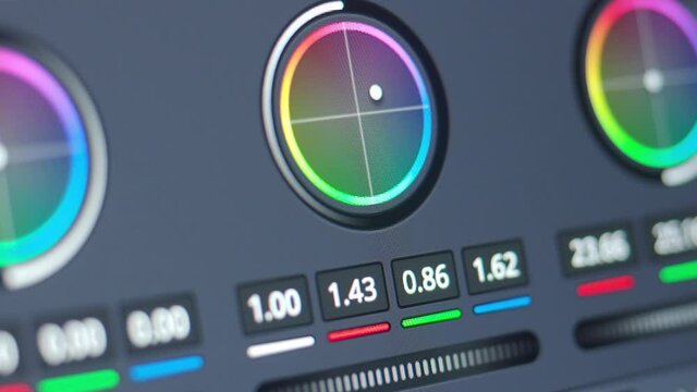 Color grading control edit on monitor. Showing adjust color. Video Colour Correction Post Production for video in Progress. Digital Control panel setting for colorist and film maker.