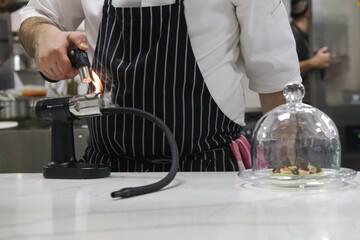 Chef holding smoking gun in kitchen. Food equipment for innovative culinary technologie.