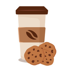Paper cup with coffee and cookies isolated on a white background. Vector illustration in flat style.