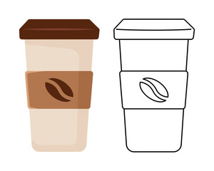 Cup of coffee, icon in flat style isolated on white background. Image in color and black and white. Vector illustration