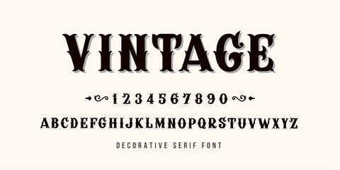 Vintage style letters. Victorian alphabet. Typography typeface uppercase and number. Vector illustration. Fonts for logo, brand etc.