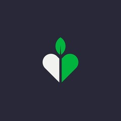 abstract logo of a heart divided in two with overgrown leaves. heart icon with leaves.