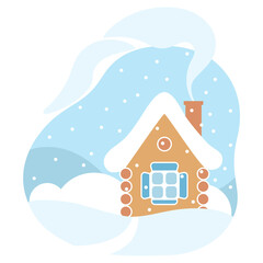 The house is in the Snow. Winter. Vector in a flat style. The concept of a winter New Year landscape. Cartoon illustration for winter decor, greeting cards, stickers, printing.