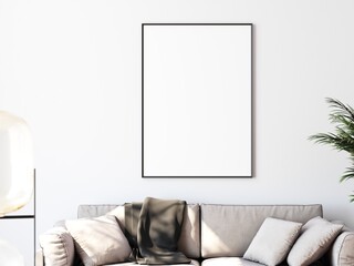 Single vertical oriented blank picture with thin black border hanging on white wall in living room. Place for your content. 3D illustration.