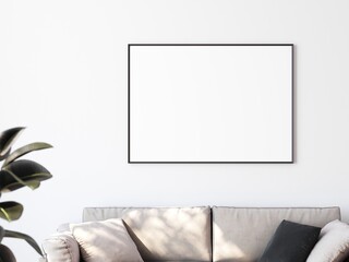 Large and blank picture with thin black border hanging on white wall above sofa. Place for your content. 3D illustration.