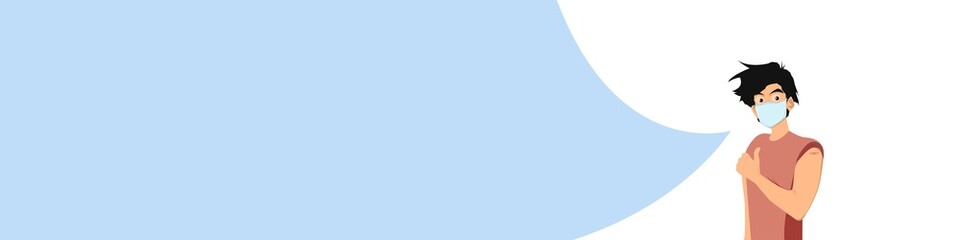 A man in a protective mask shows a finger up. Space for text.