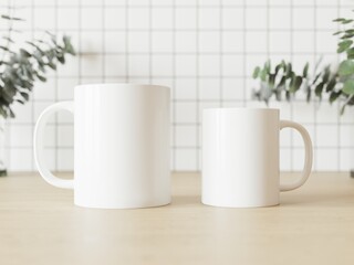 Two white mugs same design and various size with surface available for adding your content. Tiled wall in background. 3D illustration.